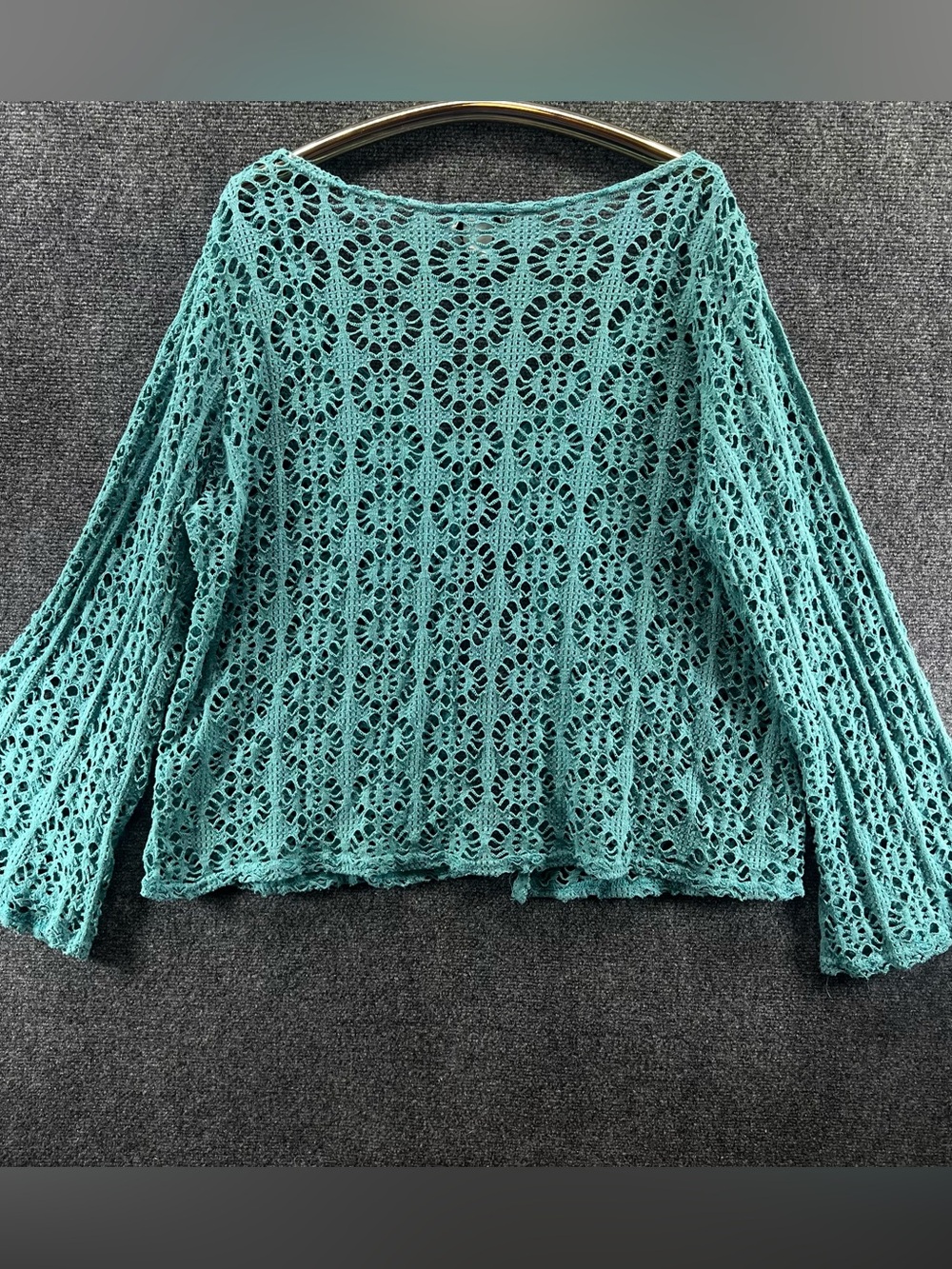 Vtg Caren Sport Crochet Tie Front Cardigan 1X Teal Boho Cottagecore Coastal - Picture 9 of 10